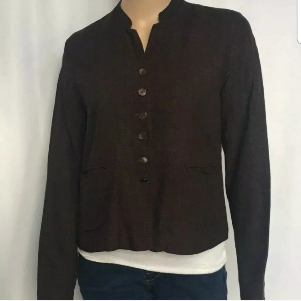 Eileen Fisher brown linen blend woven button down top